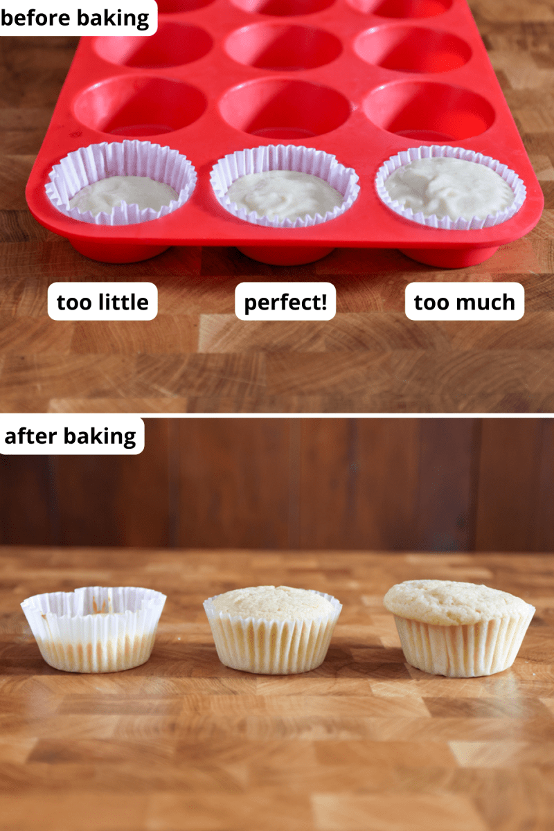 one underfilled cupcake liner, one overfilled cupcake liner, and one 2/3ds of the way full