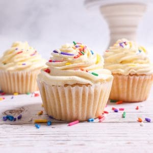 Sourdough cupcakes with vanilla frosting and sprinkles