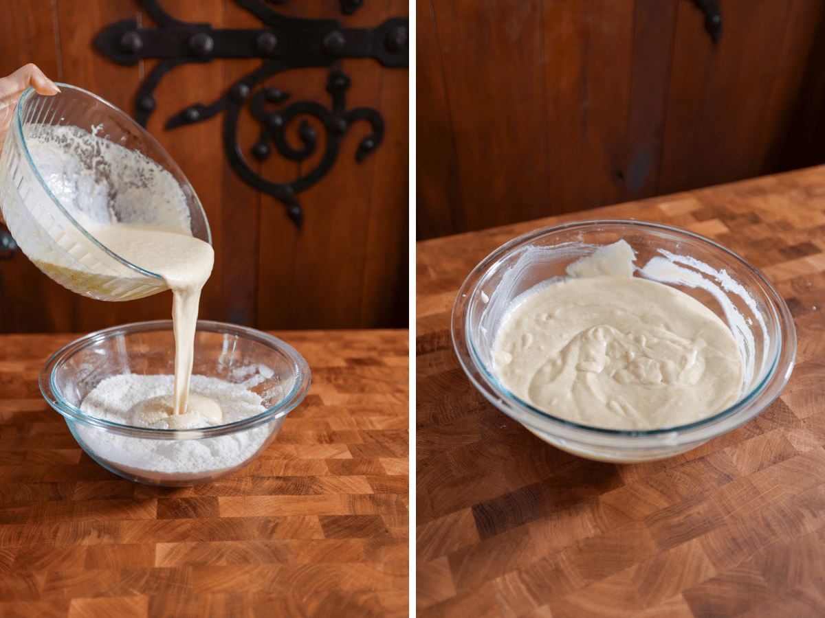 adding wet ingredients to make sourdough cupcake batter
